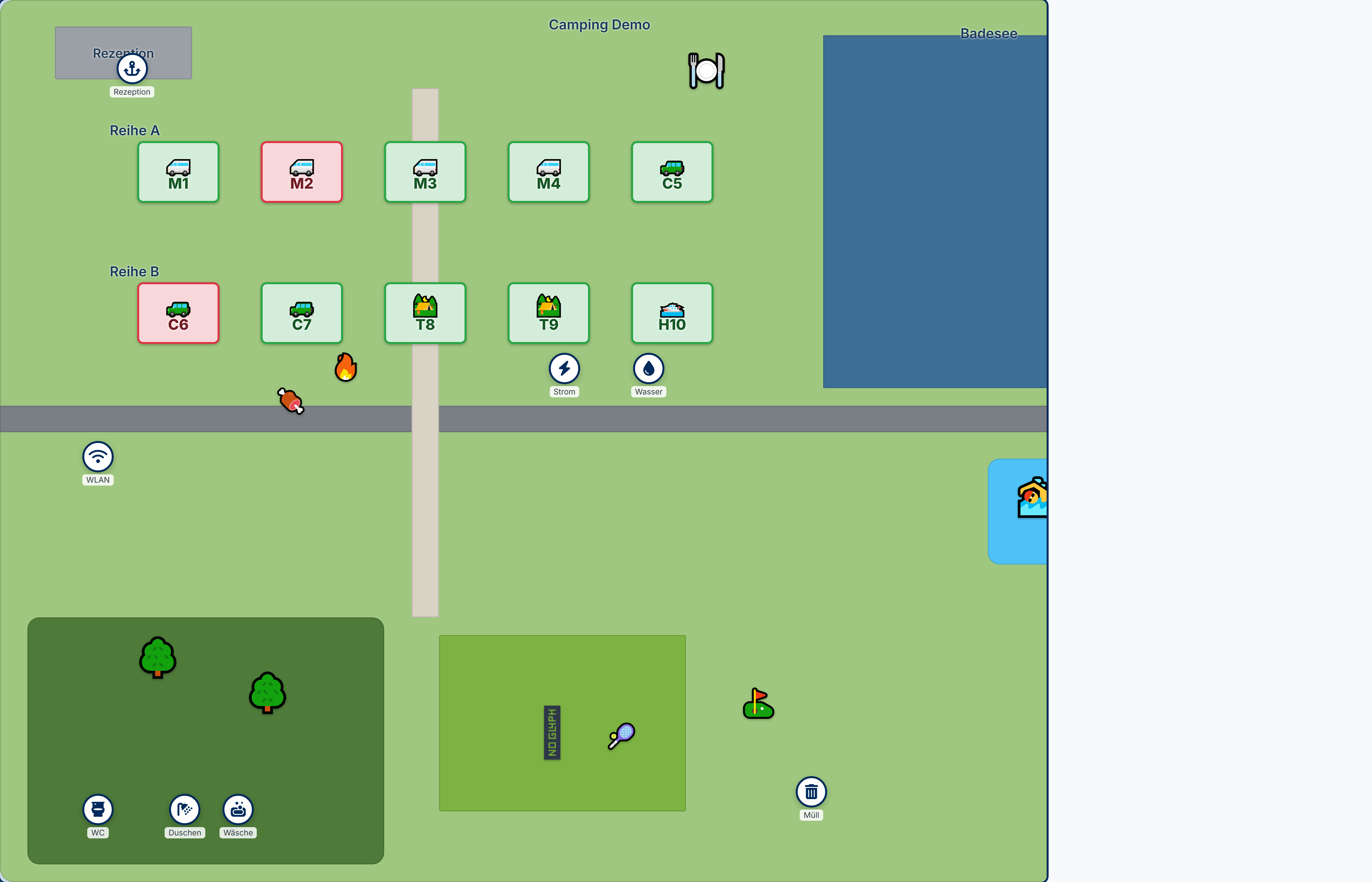 Interactive campsite map with pitches, occupancy and facilities