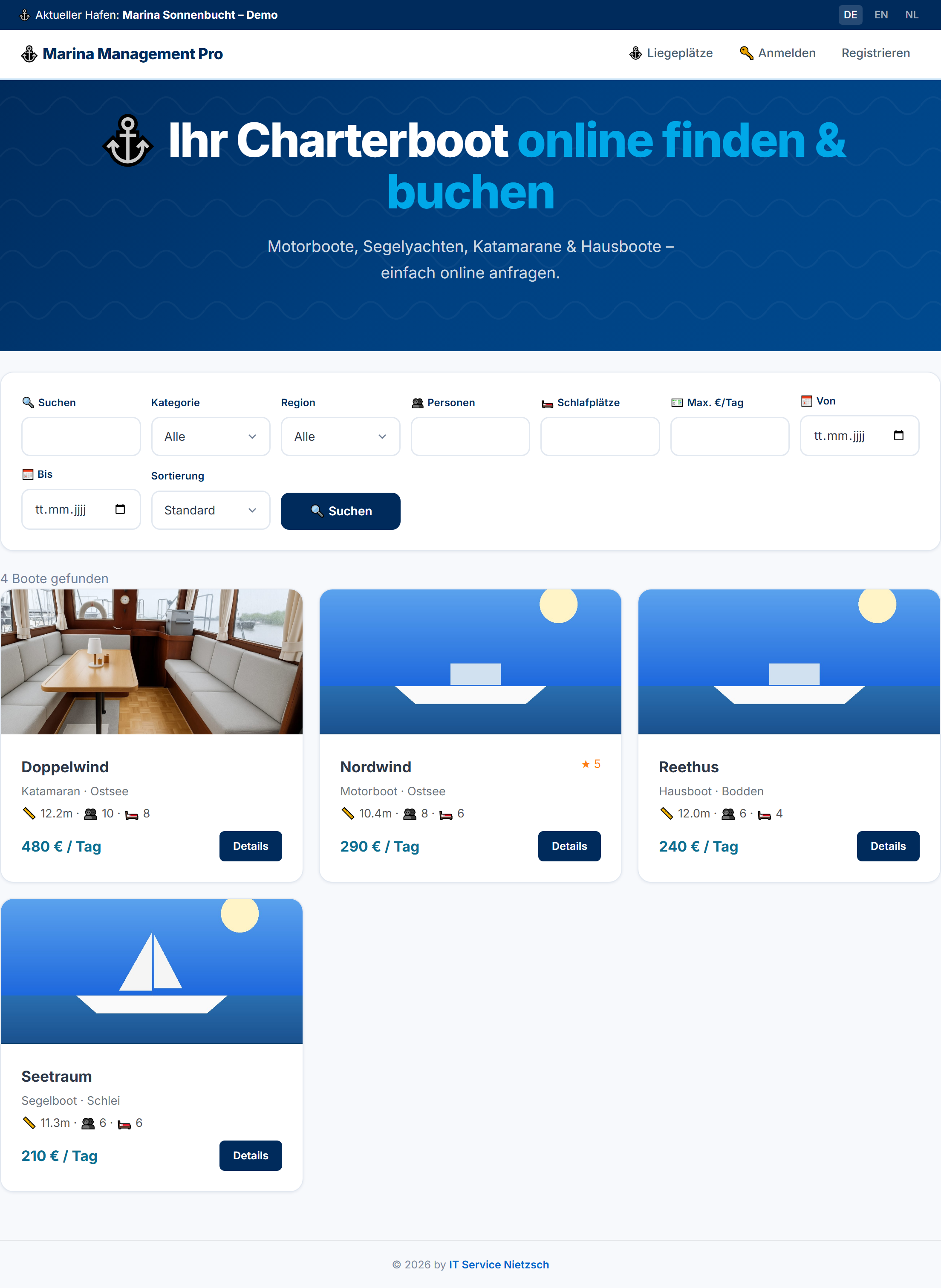 Charterbootoverzicht in het klantportaal met filters, categorieën en prijzen