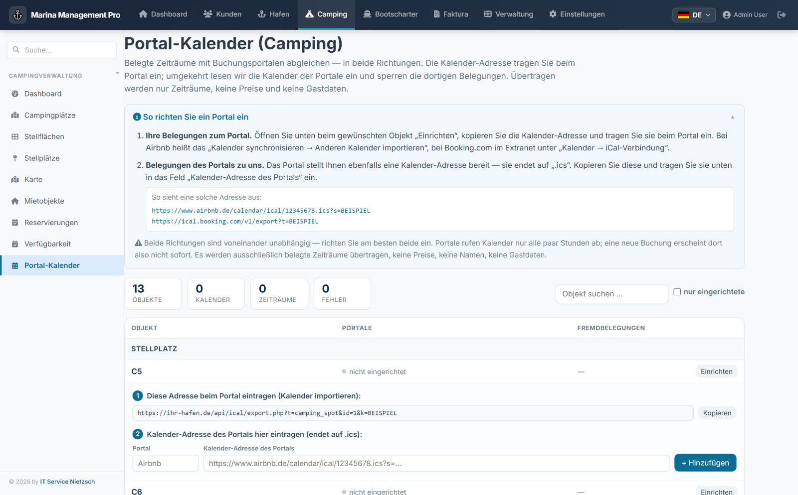 Portaalkalender in de campingmodule: eigen kalenderadres uitgeven, kalender van het portaal invullen